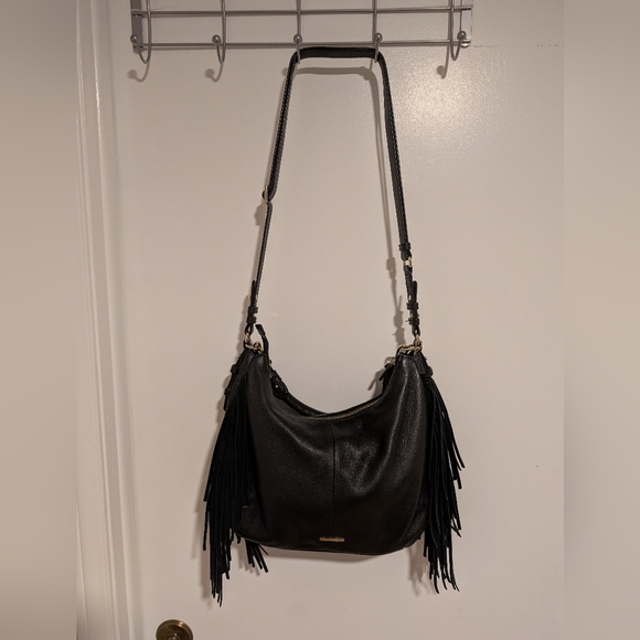 DANIER Black Pebbled Leather Fringe Hobo Bag - Boho Chic - Picture 2 of 16